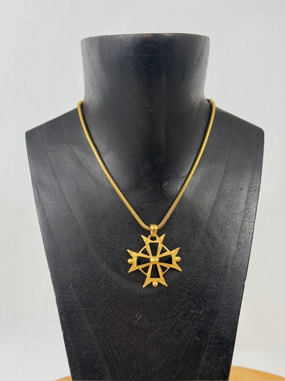 ANNE KLEIN Brushed Gold & Black Enamel Byzantene Maltese Cross Pendant Necklace